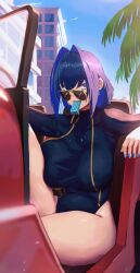 Rule 34 | 1girl, absurdres, blue eyes, blue hair, blue nails, blue wetsuit, bodysuit, breasts, building, car, cityscape, commentary, day, diving suit, english commentary, erasorpepero, food, food in mouth, glasses, highres, hololive, hololive english, knee up, large breasts, looking at viewer, motor vehicle, ouro kronii, outdoors, palm tree, popsicle, popsicle in mouth, sitting, sky, solo, thighhighs, tree, virtual youtuber, wetsuit