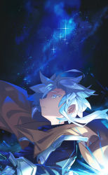 Rule 34 | 1boy, bad id, bad pixiv id, blue eyes, blue hair, blue pupils, brown cape, cape, floating hair, from side, gauntlets, grey hair, highres, male focus, milky way, original, parted lips, shichigatsu, sideways mouth, sky, slit pupils, solo, star (sky), starry sky, upper body