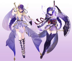 Rule 34 | 2girls, between breasts, braid, breasts, dishwasher1910, elbow gloves, genshin impact, gladiator sandals, gloves, hair ornament, highres, human scabbard, japanese clothes, kimono, looking at viewer, low-braided long hair, low-tied long hair, multiple girls, purple eyes, purple hair, purple legwear, raiden mei, raiden shogun, sandals, smile, sword, sword between breasts, thighhighs, weapon