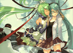 Rule 34 | 2girls, aqua hair, bigegg, bridal gauntlets, cable, dual persona, elbow gloves, closed eyes, glasses, gloves, green hair, hatsune miku, hatsune miku (append), kocchi muite baby (vocaloid), long hair, multiple girls, project diva (series), project diva 2nd, skirt, twintails, very long hair, vocaloid, vocaloid append
