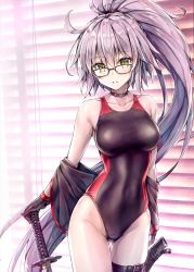 Rule 34 | 1girl, ahoge, black gloves, black jacket, window blinds, blush, breasts, brown-framed eyewear, choker, collarbone, competition swimsuit, covered navel, fate/apocrypha, fate/grand order, fate (series), glasses, gloves, gluteal fold, groin, hair between eyes, hand on sword, highleg, highleg swimsuit, highres, indoors, jacket, jeanne d&#039;arc alter (swimsuit berserker) (fate), jeanne d&#039;arc (fate), jeanne d&#039;arc (swimsuit archer) (second ascension) (fate), jeanne d&#039;arc alter (fate), jeanne d&#039;arc alter (swimsuit berserker) (fate), katana, koyuki (kotatsu358), large breasts, light particles, long hair, looking at viewer, one-piece swimsuit, parted lips, ponytail, purple hair, sheath, shrug (clothing), sidelocks, skindentation, solo, swimsuit, sword, thigh strap, very long hair, weapon, yellow eyes