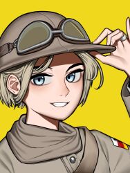Rule 34 | 1girl, blonde hair, blue eyes, close-up, flag, goggles, goggles on headwear, hearts of iron, helmet, jewelry, kaiserreich, military, military uniform, patch, pzkpfwi, ring, short hair, teeth, uniform, yellow background