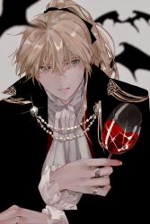 Rule 34 | 1boy, alcohol, bat (animal), blonde hair, blue eyes, cup, drinking glass, formal, guilty gear, highres, jewelry, ky kiske, male focus, ponytail, puffy sleeves, ring, semiowari, simple background, slit pupils, solo, sparkle, suit, uniform, vampire, white background, wine, wine glass
