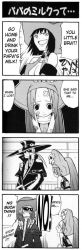 Rule 34 | 1boy, 2girls, arc system works, bandaid, bandaid on cheek, bandaid on face, bare shoulders, breasts, cleavage, comic, guilty gear, hard-translated, hat, may (guilty gear), monochrome, multiple girls, sad, skull and crossbones, speech bubble, sunglasses, tearing up, third-party edit
