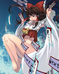 Rule 34 | 1girl, ascot, barefoot, bottomless, bow, brown eyes, brown hair, censored, convenient censoring, day, detached sleeves, feet, feet together, hair bow, hair tubes, hakurei reimu, kouno (masao), long sleeves, mouth hold, naked shirt, navel, no panties, shirt, solo, spell card, touhou, wide sleeves
