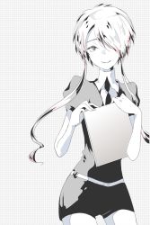 Rule 34 | 1other, androgynous, bad id, bad pixiv id, clipboard, gem uniform (houseki no kuni), ghost quartz (houseki no kuni), grey eyes, hair over one eye, houseki no kuni, looking at viewer, necktie, short hair with long locks, smile, solo, spot color, white hair