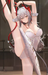Rule 34 | 1girl, antenna hair, arknights, arm garter, armpits, arms up, ballerina, bare arms, bare shoulders, black choker, blush, breasts, choker, cleavage, closed mouth, dress, feet out of frame, grey hair, highres, horns, indoors, large breasts, leg up, leotard, long hair, looking at viewer, pantyhose, ru zhai, solo, split, standing, standing on one leg, standing split, thighband pantyhose, thighs, w (arknights), white dress, white hair, white pantyhose, yellow eyes
