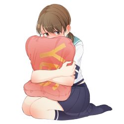 Rule 34 | 1girl, black socks, blue sailor collar, blue skirt, blush, brown eyes, brown hair, commentary request, face in pillow, kantai collection, kneehighs, kneeling, low twintails, hugging object, parted bangs, pillow, pillow hug, pleated skirt, sailor collar, school uniform, serafuku, shirayuki (kancolle), short twintails, simple background, sitting, skirt, socks, solo, tanaka io (craftstudio), twintails, white background, yes-no pillow