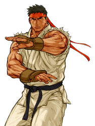 Rule 34 | 1boy, black hair, capcom vs snk 2, dougi, headband, highres, karate gi, male focus, martial arts belt, muscular, muscular male, nishimura kinu, official art, red headband, ryu (street fighter), short hair, sleeveless, solo, street fighter, third-party source, torn clothes, torn sleeves, veins, veiny arms, white background