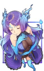 Rule 34 | 1girl, breasts, brighid (xenoblade), closed eyes, collarbone, fire, from above, gloves, highres, long hair, looking at viewer, nintendo, purple hair, simple background, smile, solo, white background, xenoblade chronicles (series), xenoblade chronicles 2, zu-m (zumcunix)