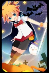 Rule 34 | 1boy, armband, bat (animal), black cape, black shorts, blue eyes, bow, bowtie, brown thighhighs, cape, collared shirt, cross, crucifix, cutlery, fang, fanny pack, fork, ghost, halloween, halloween costume, happy, hat, high ponytail, highres, horns, jack-o&#039;-lantern, kagamine len, male focus, meranoreuka (naokentak), messy hair, open mouth, orange hair, pointy ears, ponytail, red bow, red bowtie, shirt, short hair, short ponytail, short sleeves, shorts, silk, single horn, smile, solo, spider web, star (symbol), striped clothes, striped thighhighs, thighhighs, vocaloid, white shirt, witch hat