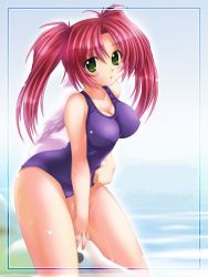 Rule 34 | 1girl, dolphin, green eyes, inflatable raft, long hair, one-piece swimsuit, red hair, school swimsuit, solo, swimsuit, twintails, us@myo, wading, water, wet, wings