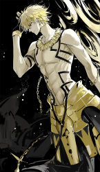 Rule 34 | 1boy, blonde hair, chain, earrings, enkidu (weapon) (fate), fate/hollow ataraxia, fate/zero, fate (series), gate of babylon (fate), gilgamesh (fate), jewelry, male focus, necklace, red eyes, topless male, solo, tattoo, zmore