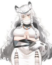 Rule 34 | 1girl, absurdres, animal ears, arknights, bad id, bad pixiv id, belt, black capelet, black eyes, blush, braid, breasts, bright pupils, capelet, circlet, closed mouth, covered erect nipples, curvy, dress, grey hair, grey thighhighs, head tilt, highres, large breasts, leopard ears, leopard girl, leopard tail, long hair, looking at viewer, own hands clasped, own hands together, pelvic curtain, pikanpeko, pramanix (arknights), smile, solo, tail, thighhighs, turtleneck, turtleneck dress, twin braids, very long hair, white dress