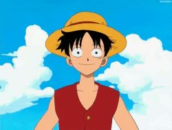 Rule 34 | 1boy, animated, animated gif, cloud, hat, lowres, male focus, monkey d. luffy, one piece, sky, smile, straw hat, teeth, vest, waving