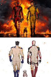 2boys ass beard bodysuit claw_(weapon) deadpool deadpool_&amp;_wolverine deadpool_(series) dog dogpool facial_hair fire gyeleul highres marvel marvel_cinematic_universe multiple_boys muscular muscular_male red_bodysuit red_mask scar superhero_costume two-tone_bodysuit weapon wolverine_(x-men) x-men yellow_bodysuit