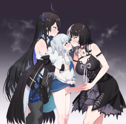 Rule 34 | 3girls, absurdres, asymmetrical horns, bare shoulders, black dress, black hair, blue eyes, blue hair, blue skirt, breasts, censored, cleavage, colored inner hair, darkdeaththorn, demon horns, dress, erection, fff threesome, fins, fish tail, french kiss, from side, futa with female, futanari, gawr gura, gawr gura (school uniform), grey hair, group sex, hair ornament, highres, hololive, hololive english, horns, huge penis, kiss, large breasts, lifting own clothes, long hair, long sleeves, mosaic censoring, multicolored hair, multiple girls, nerissa ravencroft, nerissa ravencroft (1st costume), no testicles, official alternate costume, penis, penis grab, red eyes, shark girl, shark tail, shiori novella, shiori novella (1st costume), shirt, short sleeves, skirt, sleeveless, sleeveless dress, smile, split-color hair, streaked hair, tail, threesome, tongue, tongue out, two-tone hair, very long hair, virtual youtuber, white shirt, yellow eyes