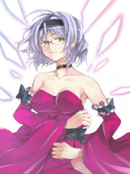 Rule 34 | 1girl, armpits, bad id, bad pixiv id, bare shoulders, breasts, choker, collar, detached sleeves, dress, glasses, grey hair, hairband, highres, hiou kaede, hip vent, hitoto, solo, strapless, strapless dress, vanguard princess, yellow eyes