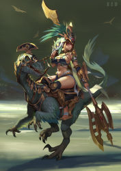 Rule 34 | 1girl, absurdres, armor, artist request, axe, bandages, barefoot, battle axe, bikini armor, bracelet, breasts, brown hair, dark skin, dinosaur, dinosaur riding, feathers, gauntlets, greaves, headdress, highres, historical revisionism, jewelry, large breasts, mayan mythology, navel, original, prehistoric animal, pterosaur, red eyes, riding, saddle, serious, talons, traditional clothes, tribal, velociraptor, weapon, xzu