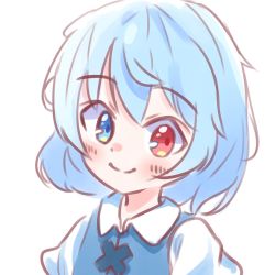 Rule 34 | 1girl, blue eyes, blue hair, closed mouth, cross-laced clothes, heterochromia, highres, karuthi, looking at viewer, red eyes, short hair, simple background, smile, solo, tatara kogasa, touhou, upper body, white background