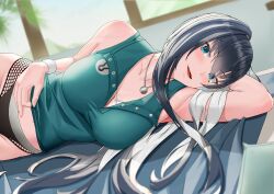Rule 34 | 1girl, absurdres, aqua eyes, aqua shirt, armpits, black hair, black panties, blush, breasts, cleavage, collarbone, diy fan, highres, indoors, jewelry, kyokou suiri, large breasts, looking at viewer, lying, midriff, multicolored hair, necklace, on bed, on side, open mouth, panties, shirt, sleeveless, sleeveless shirt, smile, solo, two-tone hair, unbuttoned, underwear, white hair, yuki-onna (kyokou suiri)