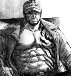 Rule 34 | 1boy, abs, bara, bare pectorals, chest tattoo, coat, facial hair, frown, goatee, greyscale, large pectorals, looking at viewer, male focus, marine uniform (one piece), monochrome, muscular, muscular male, mustache stubble, nipples, nography, old, old man, one piece, pectorals, sakazuki (akainu), short hair, strongman waist, stubble, tattoo, thick eyebrows, upper body