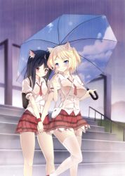 Rule 34 | 2girls, absurdres, animal ears, arm ribbon, bag, black hair, blonde hair, blue eyes, blush, breasts, buttons, cat ears, cat girl, closed mouth, collared shirt, frilled sleeves, frills, highres, holding, holding hands, holding umbrella, legs apart, long hair, looking at viewer, medium breasts, miniskirt, multiple girls, natsumiya yuzu, necktie, no bra, original, purple eyes, rain, red necktie, red ribbon, red skirt, ribbon, scan, school uniform, see-through, shared umbrella, shirt, short hair, short necktie, short sleeves, short twintails, shoulder bag, skindentation, skirt, sky print, smile, stairs, standing, standing on one leg, thighhighs, twintails, umbrella, wet, wet clothes, wet shirt, white legwear, white shirt, zettai ryouiki
