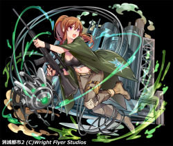Rule 34 | 1girl, belt, black background, black bra, boots, bra, breasts, brown hair, cable, cape, cleavage, copyright request, fingernails, glowing, green cape, grey pants, gun, hair between eyes, holding, holding gun, holding weapon, jumping, knee pads, large breasts, long hair, midriff, navel, official art, open mouth, original, pants, ponytail, popqn, pouch, purple eyes, rifle, robot, scope, simple background, sniper rifle, solo, underwear, watermark, weapon, wristband