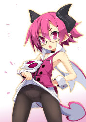 Rule 34 | 1girl, armpits, bare shoulders, black-framed eyewear, black choker, blush, bow, bow panties, brown outline, choker, clothes lift, collarbone, commentary request, curled horns, demon girl, demon horns, demon tail, demon wings, disgaea, fang, glasses, hair between eyes, hand on own hip, highres, horns, lifting own clothes, looking at viewer, makai senki disgaea 3, ogami kazuki, open mouth, outline, panties, panties under pantyhose, pantyhose, pointy ears, purple eyes, purple hair, purple shirt, raspberyl, semi-rimless eyewear, shirt, skirt, skirt lift, skull, sleeveless, sleeveless shirt, solo, tail, under-rim eyewear, underwear, v-shaped eyebrows, white background, white panties, white skirt, white wings, wings, wrist cuffs