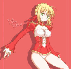 Rule 34 | 10s, 1girl, ahoge, blonde hair, breasts, cameltoe, cleavage, covered erect nipples, epaulettes, fate/extra, fate/stay night, fate (series), green eyes, hair ribbon, nero claudius (fate), nero claudius (fate), nero claudius (fate/extra), panties, ribbon, solo, syou (crecre), underwear, white panties