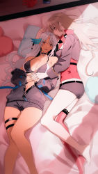 Rule 34 | 2girls, amazuki jou, azur lane, barefoot, bed, bikini, bikini top only, black bikini, black choker, black shorts, breasts, brown hair, choker, closed mouth, commentary, cuddling, dark-skinned female, dark skin, earrings, facial mark, feather hair ornament, feathers, forehead mark, from side, gloves, hair down, hair ornament, halterneck, highres, indoors, jacket, jean bart (azur lane), jewelry, long hair, long sleeves, lying, massachusetts (azur lane), medium breasts, micro shorts, multiple girls, navel, off shoulder, on back, on bed, open mouth, pillow, red eyes, red gloves, red jacket, red legwear, ring, shorts, silver hair, single thighhigh, smile, swimsuit, thigh gap, thigh strap, thighhighs, wedding band, yuri