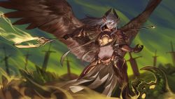 Rule 34 | 1girl, armor, breastplate, brown wings, commentary, commission, english commentary, feathered wings, gauntlets, greaves, green eyes, hair between eyes, highres, holding, holding polearm, holding spear, holding weapon, large wings, less, long hair, midriff, navel, original, parted lips, pelvic curtain, planted, planted sword, planted weapon, pointy ears, polearm, skull, solo, spear, sword, weapon, white hair, wings