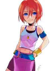 Rule 34 | 1girl, armband, bare shoulders, belt, blue belt, closed mouth, collarbone, hair between eyes, highres, jewelry, kairi (kingdom hearts), kingdom hearts, kingdom hearts i, motu0505, navel, necklace, pink skirt, red hair, shirt, short hair, shorts, shorts under skirt, simple background, skirt, smile, solo, tank top, white background, white shirt, wristband