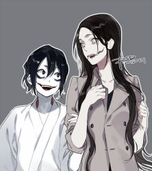 Rule 34 | 1boy, 1girl, 2channel, aqua eyes, artist name, black eyes, black hair, collarbone, couple, creepypasta, crossover, dated, glasgow smile, grey background, hetero, holding another&#039;s arm, holding own arm, japanese clothes, jeff the killer, kuchisake-onna, long hair, looking at another, open mouth, original, pale skin, psd, sidelocks, simple background, trait connection
