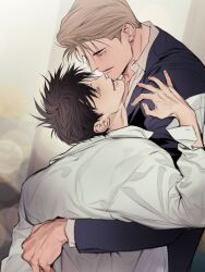 Rule 34 | 2boys, artist request, black hair, blonde hair, formal, height difference, hug, kwon soo-young, legs which cannot walk, male focus, multiple boys, park tae seung, suit, yaoi