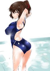 Rule 34 | 10s, 1girl, ass, brown eyes, brown hair, competition swimsuit, flat ass, hair ribbon, ise (kancolle), kantai collection, one-piece swimsuit, ponytail, ribbon, shinama, short hair, solo, swimsuit, wet
