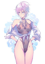 Rule 34 | 1girl, bare shoulders, blue eyes, breasts, commentary request, covered navel, cowboy shot, groin, hair between eyes, hands on own hips, leotard, looking to the side, matsuda (matsukichi), medium breasts, off shoulder, original, pink hair, shirt, short hair, simple background, solo, standing, thighs, tied shirt, v-shaped eyebrows, white background, white shirt
