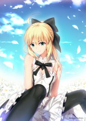 Rule 34 | 1girl, ahoge, artist name, artoria pendragon (fate), bare shoulders, black bow, bow, brora, cloud, day, fate/grand order, fate/unlimited codes, fate (series), flower, green eyes, highres, lily (flower), long hair, looking at viewer, pantyhose, petals, ponytail, saber (fate), saber lily, sitting, sky, smile, solo, wind