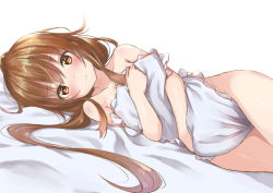 Rule 34 | 10s, 1girl, bed sheet, blush, brown eyes, brown hair, collarbone, covering privates, cowboy shot, embarrassed, frown, fumizuki (kancolle), kantai collection, long hair, looking at viewer, lying, nude, nude cover, on side, parted bangs, pillow, solo, white background, yukishiro arte