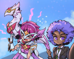 Rule 34 | 2girls, afro, animal, animal on shoulder, bird, blue background, bow, bowtie, breasts, brown jacket, cape, character request, closed mouth, cloud, collared shirt, eye mask, gloves, green necktie, grey cape, grey gloves, grey shirt, heart, jacket, league of legends, looking at viewer, medium breasts, multiple girls, necktie, official alternate costume, open clothes, open jacket, phantom ix row, pink hair, pointing, pointing to the side, purple eyes, purple hair, quinn (league of legends), red bow, red bowtie, shirt, short hair, star guardian quinn, valor (league of legends)
