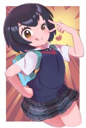 Rule 34 | 1girl, :q, backpack, bag, black hair, blush, brown eyes, brown hair, cropped legs, flat chest, gashi-gashi, hand on own hip, heart, highres, marvel, outside border, peni parker, plaid, plaid skirt, pleated skirt, popped collar, raised eyebrow, school uniform, short hair, skirt, solo, spider-man: into the spider-verse, spider-man (series), spider-verse, sweater vest, tongue, tongue out, v over eye