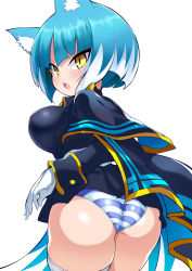 Rule 34 | 1girl, absurdres, asagi (bombergirl), ass, black capelet, black jacket, blue hair, blue panties, blush, bombergirl, breasts, capelet, gloves, highres, jacket, large breasts, long sleeves, looking at viewer, looking back, open mouth, panties, shimejinameko, short hair, slit pupils, solo, striped clothes, striped panties, thighhighs, thighs, underwear, white gloves, wolf girl, yellow eyes
