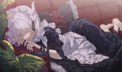 Rule 34 | 1girl, absurdres, apron, barefoot, black dress, black ribbon, blush, closed eyes, commentary, couch, dress, english commentary, grey hair, hair between eyes, hair ribbon, hands up, highres, horns, hxxg, light particles, long dress, lying, maid, maid apron, maid headdress, multiple horns, on couch, on side, original, parted lips, plant, revision, ribbon, short sleeves, sleeping, solo, vivian (hong), white apron