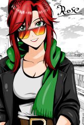 Rule 34 | absurdres, belt, breasts, cpt.tester works, freckles, green eyes, highres, jacket, leather, leather jacket, lipstick, long hair, looking at viewer, makeup, medium breasts, open clothes, open jacket, ponytail, quill, red hair, rose (cpt.tester), scarf, smile, sunglasses, tank top