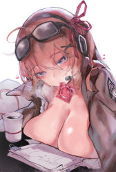 Rule 34 | 1girl, ahoge, anparu, bad id, bad pixiv id, blue eyes, blush, breast press, breasts, brown hair, cleavage, condom, condom in mouth, condom wrapper, eyewear on head, girls&#039; frontline, hair ribbon, headset, heart, heart-shaped pupils, highres, kalina (girls&#039; frontline), large breasts, looking at viewer, mouth hold, ribbon, solo, steam, sweat, symbol-shaped pupils, upper body