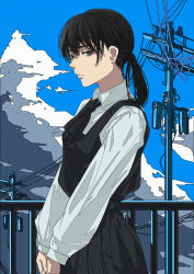 Rule 34 | 1girl, absurdres, ascot, bird, black ascot, black dress, black eyes, black hair, blue sky, chainsaw man, cloud, collared shirt, cowboy shot, day, dress, error, fourth east high school uniform, from side, glowing, glowing eyes, hair between eyes, high contrast, highres, light frown, ligne claire, long hair, long sleeves, looking at viewer, low twintails, mitaka asa, outdoors, owl, parted lips, pinafore dress, power lines, railing, red eyes, school uniform, shirt, sky, sleeveless, sleeveless dress, solo, twintails, uko 0817, utility pole, v arms, wading, war devil (chainsaw man), white shirt