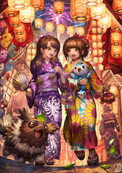 Rule 34 | 2girls, :d, bulbasaur, commentary, commission, creatures (company), eating, english commentary, fireworks, floral print, food, food request, game freak, gen 1 pokemon, gen 3 pokemon, gen 4 pokemon, hand fan, highres, holding, holding food, japanese clothes, jigglypuff, kimono, kinchaku, lantern, leaf, lickitung, long sleeves, multiple girls, night, night sky, nintendo, open mouth, outdoors, paper fan, paper lantern, pikachu, piplup, pokemon, pokemon (creature), pouch, purple kimono, sa-dui, sandals, signature, sky, smile, squirtle, standing, summer festival, tabi, uchiwa, voltorb, walking, white legwear, wide sleeves, yukata, zigzagoon