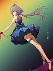 Rule 34 | 1girl, absurdres, artist name, bare arms, bare shoulders, blue dress, blue footwear, bow, dress, dress bow, female focus, full body, gradient background, green eyes, grey hair, high heels, highres, holding, holding ribbon, long hair, luo tianyi, ribbon, solo, standing, sumubing, thigh strap, vocaloid, vocanese