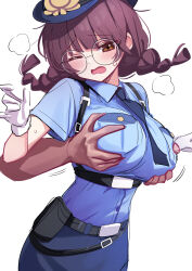 Rule 34 | 1girl, absurdres, black survival, blue shirt, blush, breast pocket, breasts, brown eyes, brown hair, chest harness, deadnooodles, disembodied limb, eternal return: black survival, glasses, gloves, grabbing, grabbing another&#039;s breast, groping, harness, hat, highres, large breasts, one eye closed, open mouth, pocket, police, police hat, police uniform, policewoman, sexual harassment, shirt, short twintails, simple background, suzuki aya, twintails, underbust, uniform, white background, white gloves