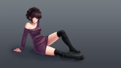Rule 34 | 1girl, absurdres, bags under eyes, black hair, black lagoon, black thighhighs, boots, collarbone, dress, frederica sawyer, gradient background, highres, monorus, petite, ribbed sweater, scar, shogakukan, short hair, sitting, smile, solo, sweater, sweater dress, thighhighs